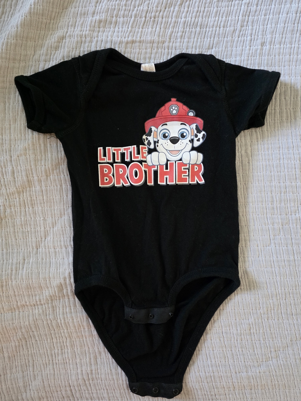 Little Brother Black Baby One-Piece Bodysuit with Fire Pup Graphic